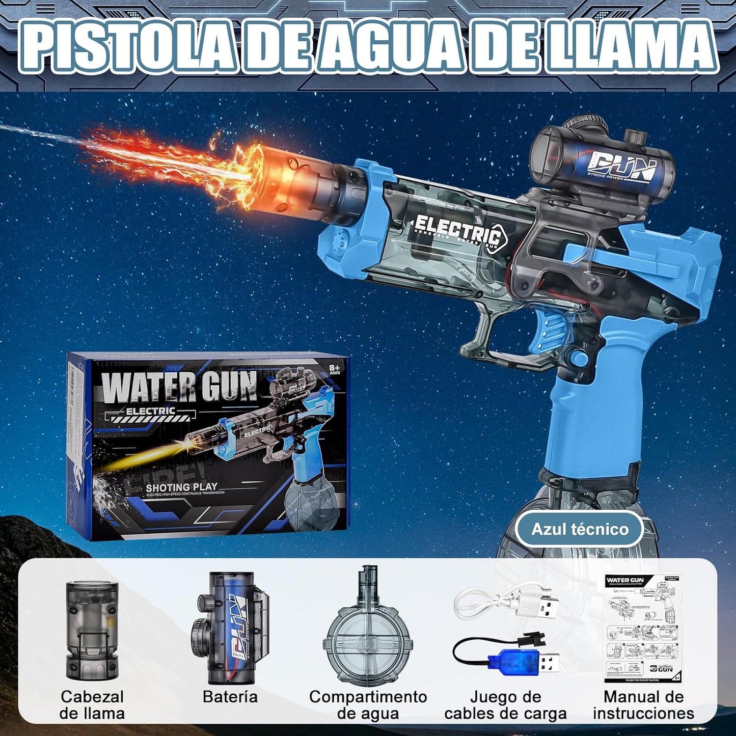 Pistola de Agua Eléctrica LED con Efecto Llama – Alta Presión y Velocidad para Batallas Épicas al Aire Libre